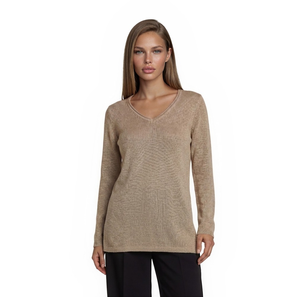 J McLaughlin Sweater Women's Size XS Tan Gold Metallic V Neck Knit Pullover